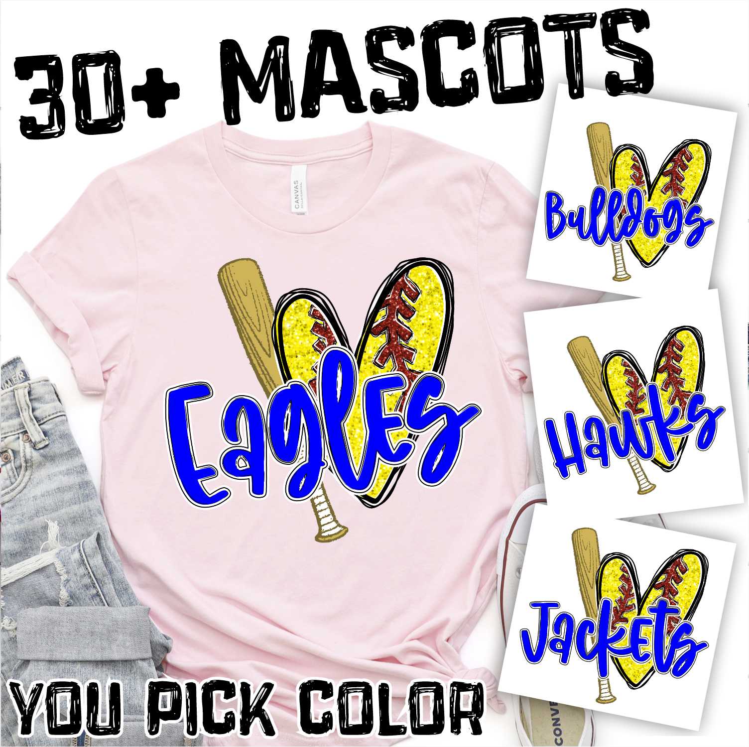 CUSTOM MASCOT Softball heart shaped ball and bat *DTF* Transfer