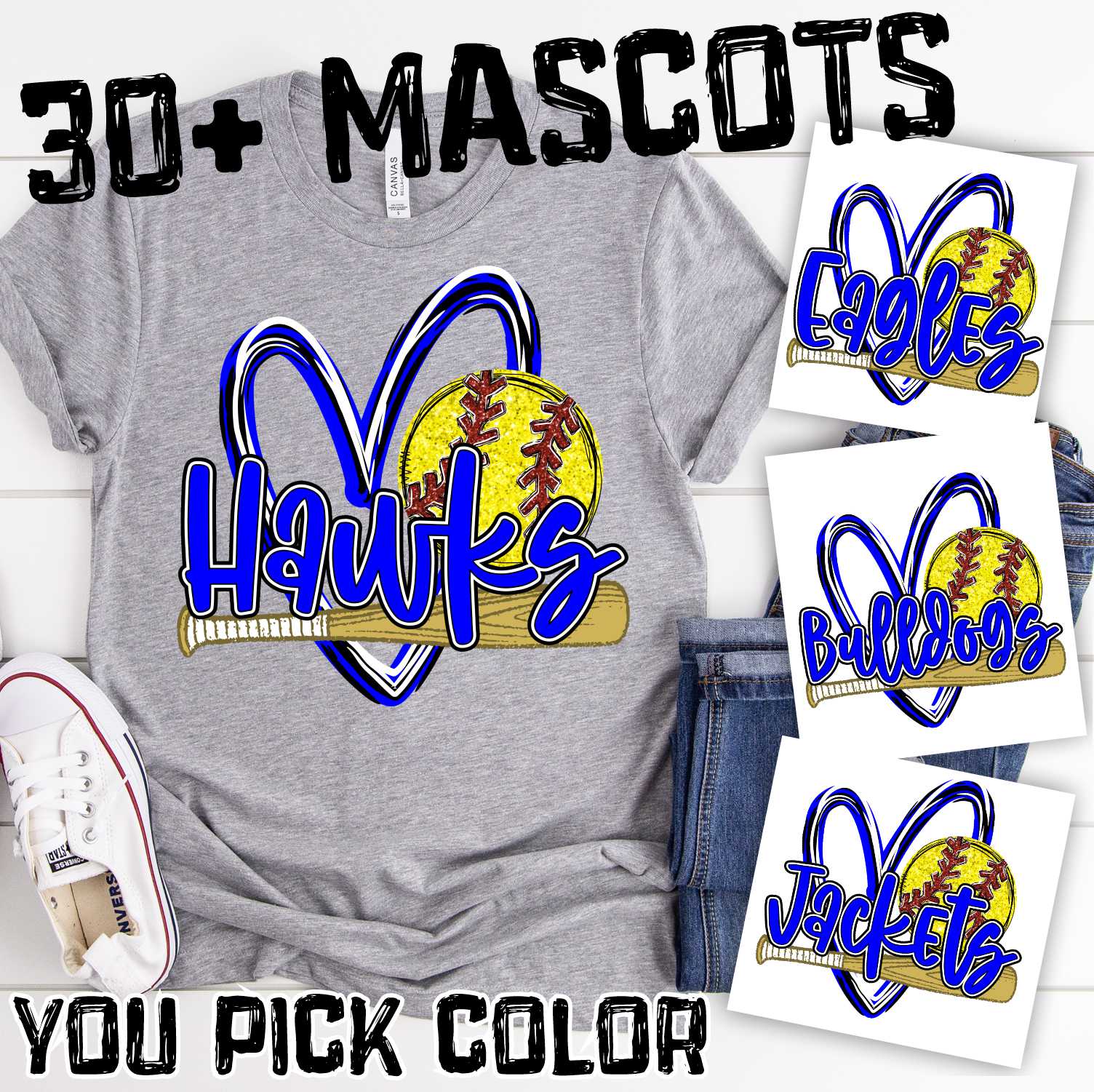 CUSTOM MASCOT Softball heart with bat and ball *DTF* Transfer