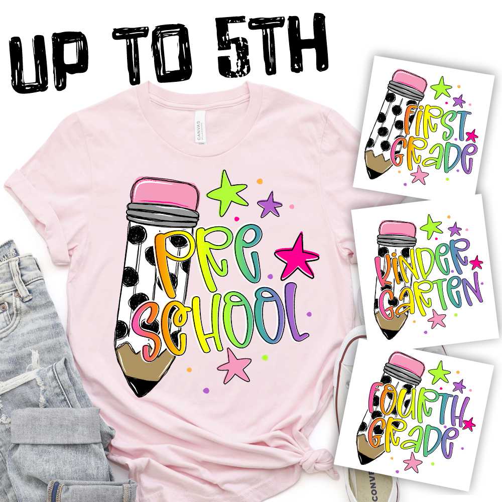 Yellow Polka dot pencil with stars and rainbow grades 2024 *DTF* Transfer
