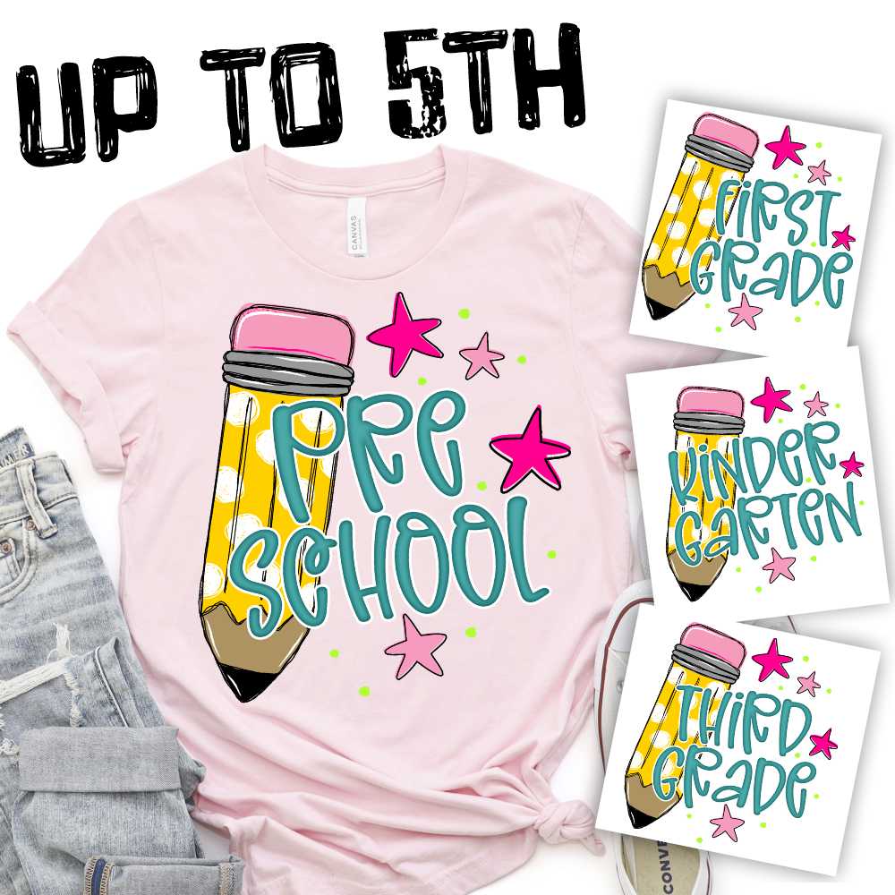 Yellow Polka dot pencil with stars and pink grades 2024 *DTF* Transfer