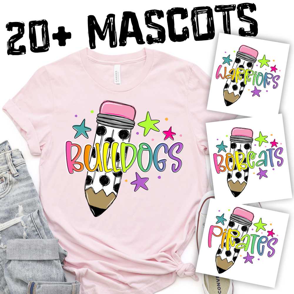 CUSTOM MASCOT Team on polka dot pencil with rainbow word *DTF* Transfer