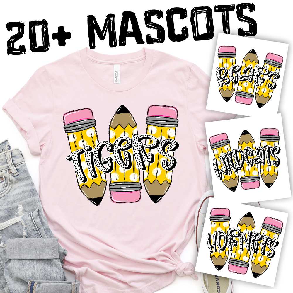 CUSTOM MASCOT Team on trio yellow pencils with polka dot word *DTF* Transfer
