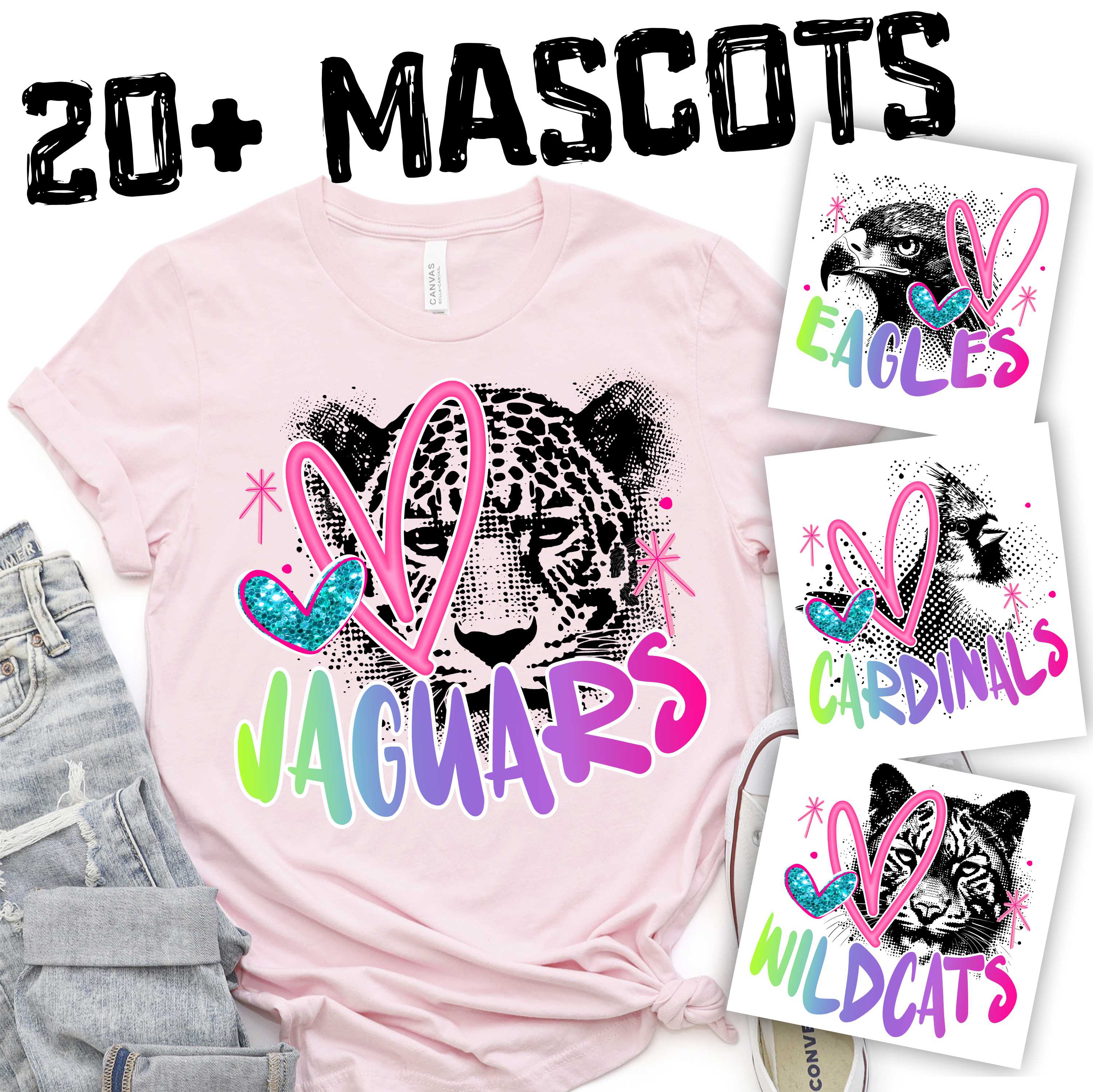CUSTOM MASCOT Black dot mascot with pink heart and rainbow team name 2024 *DTF* Transfer