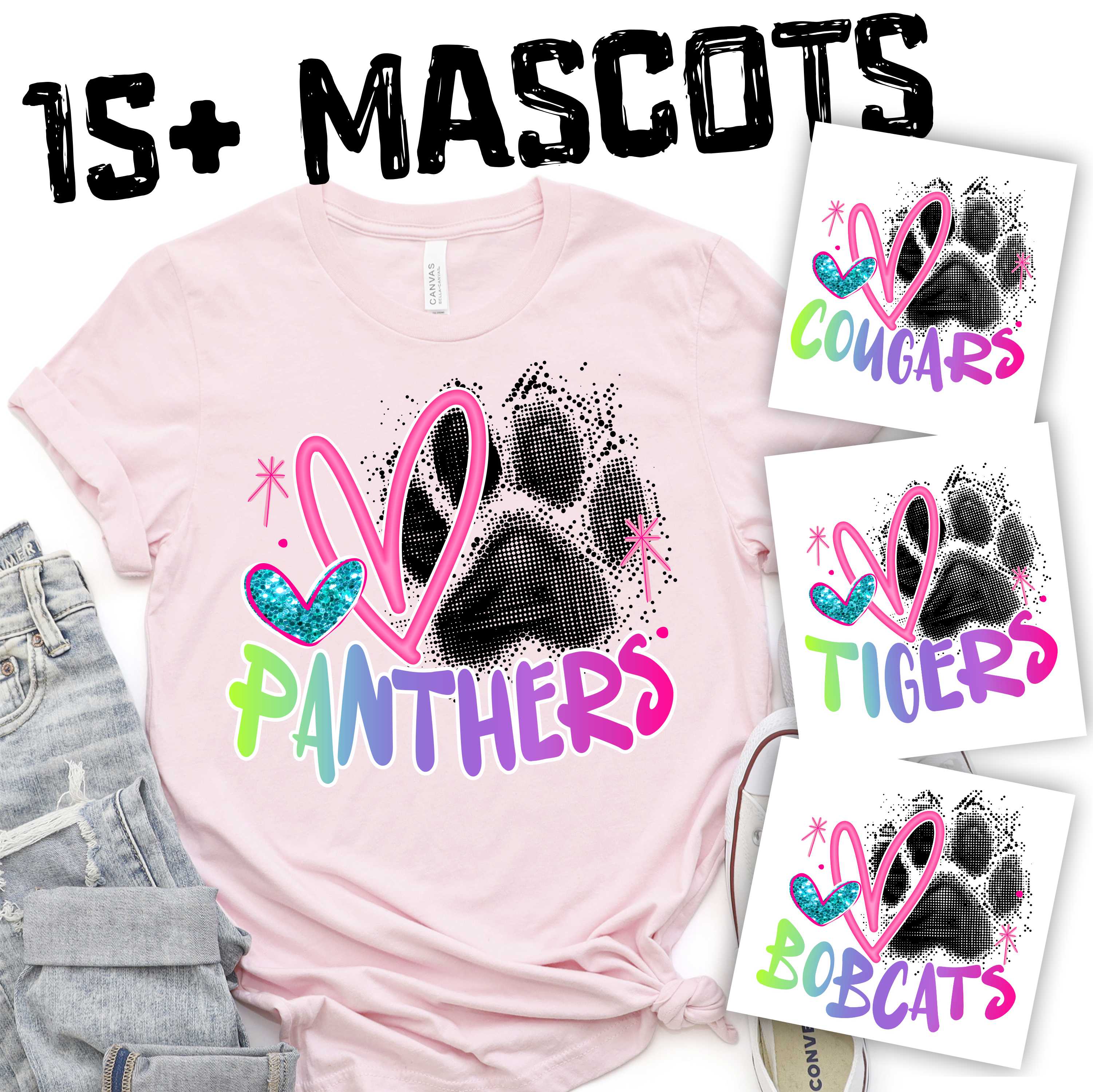 CUSTOM MASCOT Black paw with pink heart and rainbow team name 2024 *DTF* Transfer