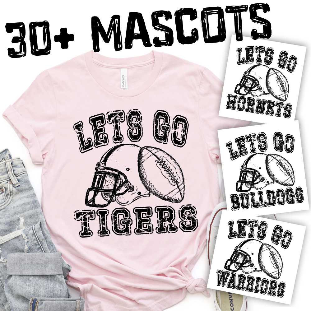 CUSTOM MASCOT Football and helmet LETS GO team BLACK *DTF* Transfer