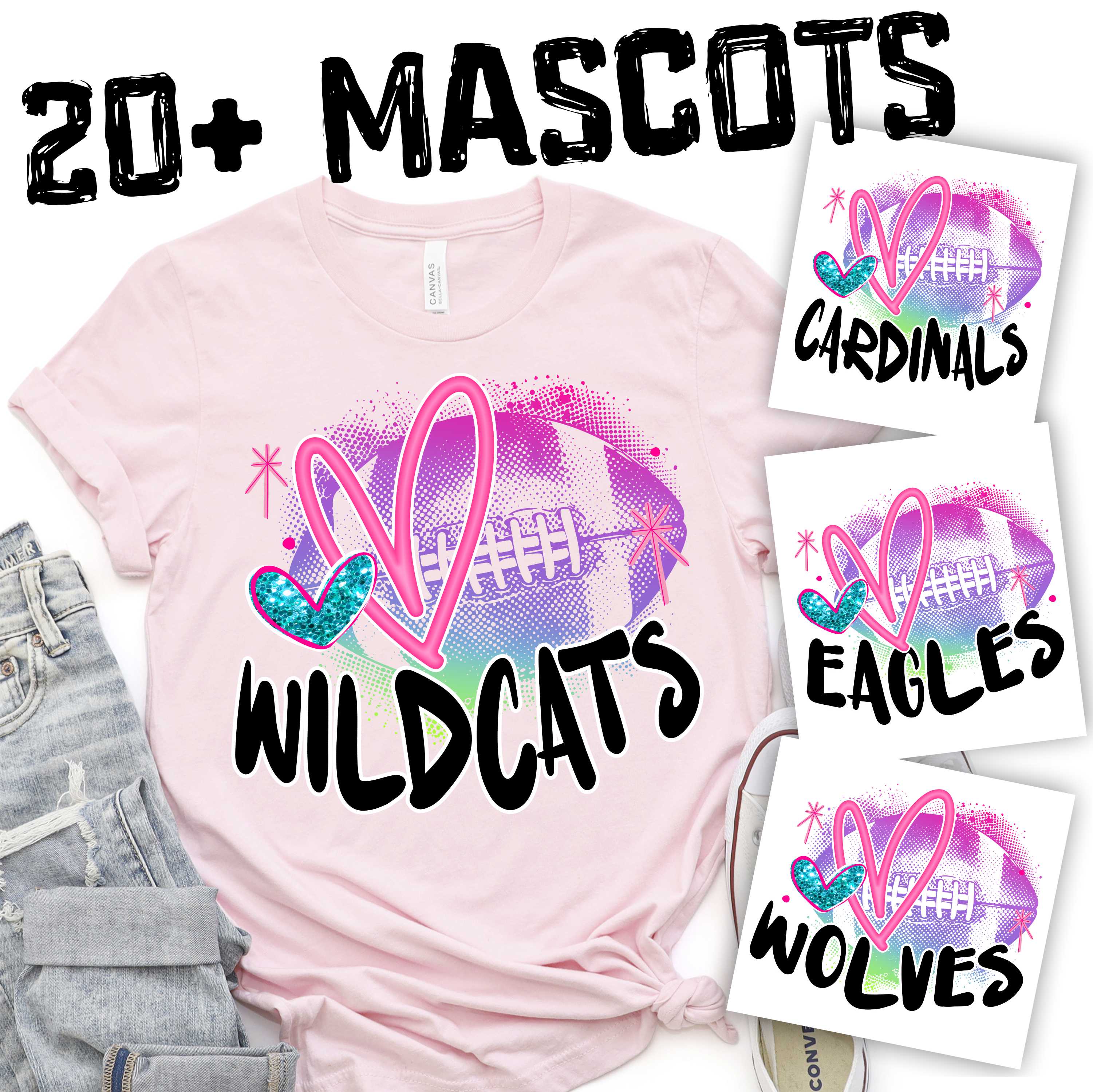CUSTOM MASCOT Rainbow FOOTBALL with pink heart and black team name 2024 *DTF* Transfer