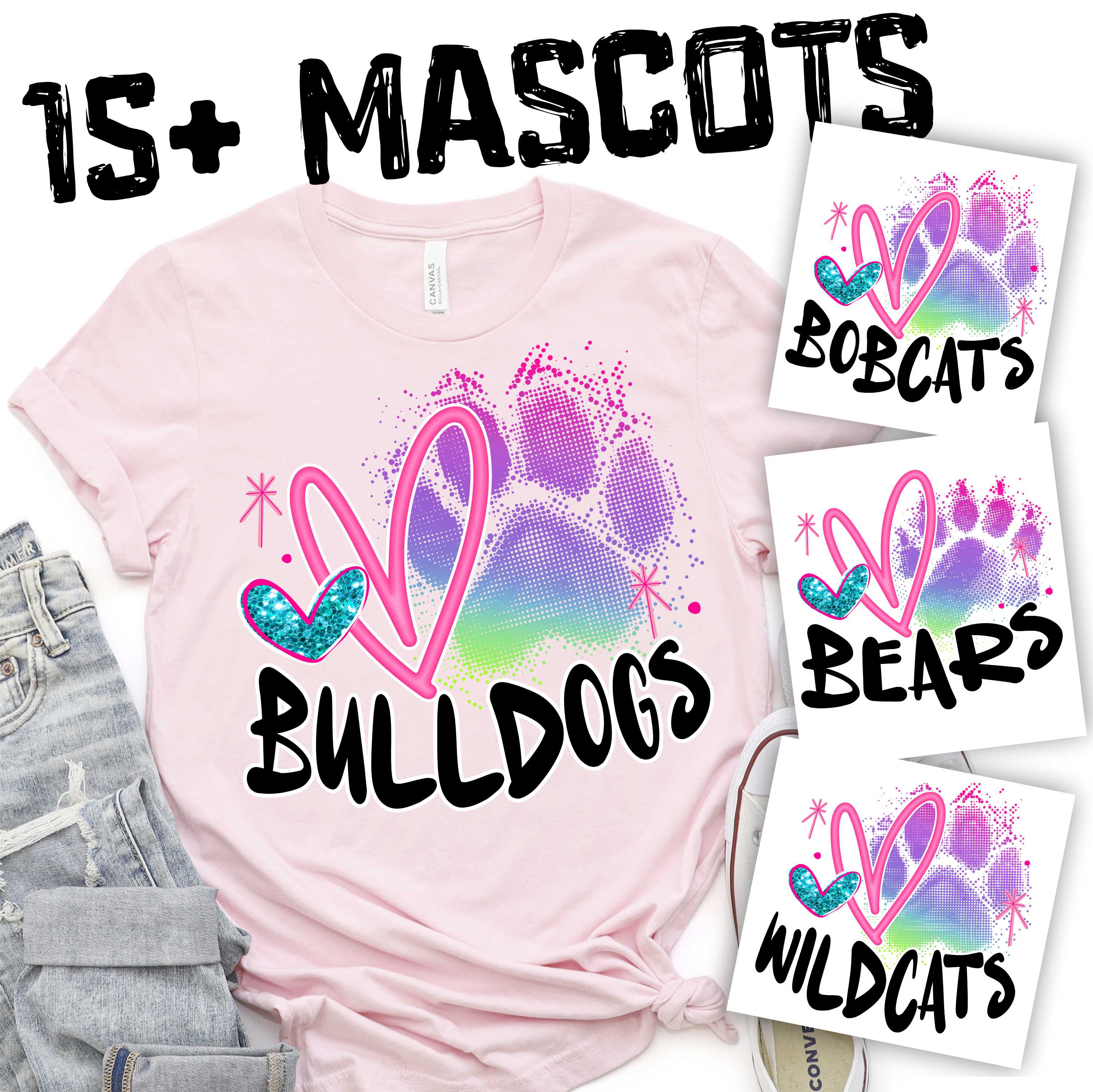 CUSTOM MASCOT Rainbow paw with pink heart and black team name 2024 *DTF* Transfer