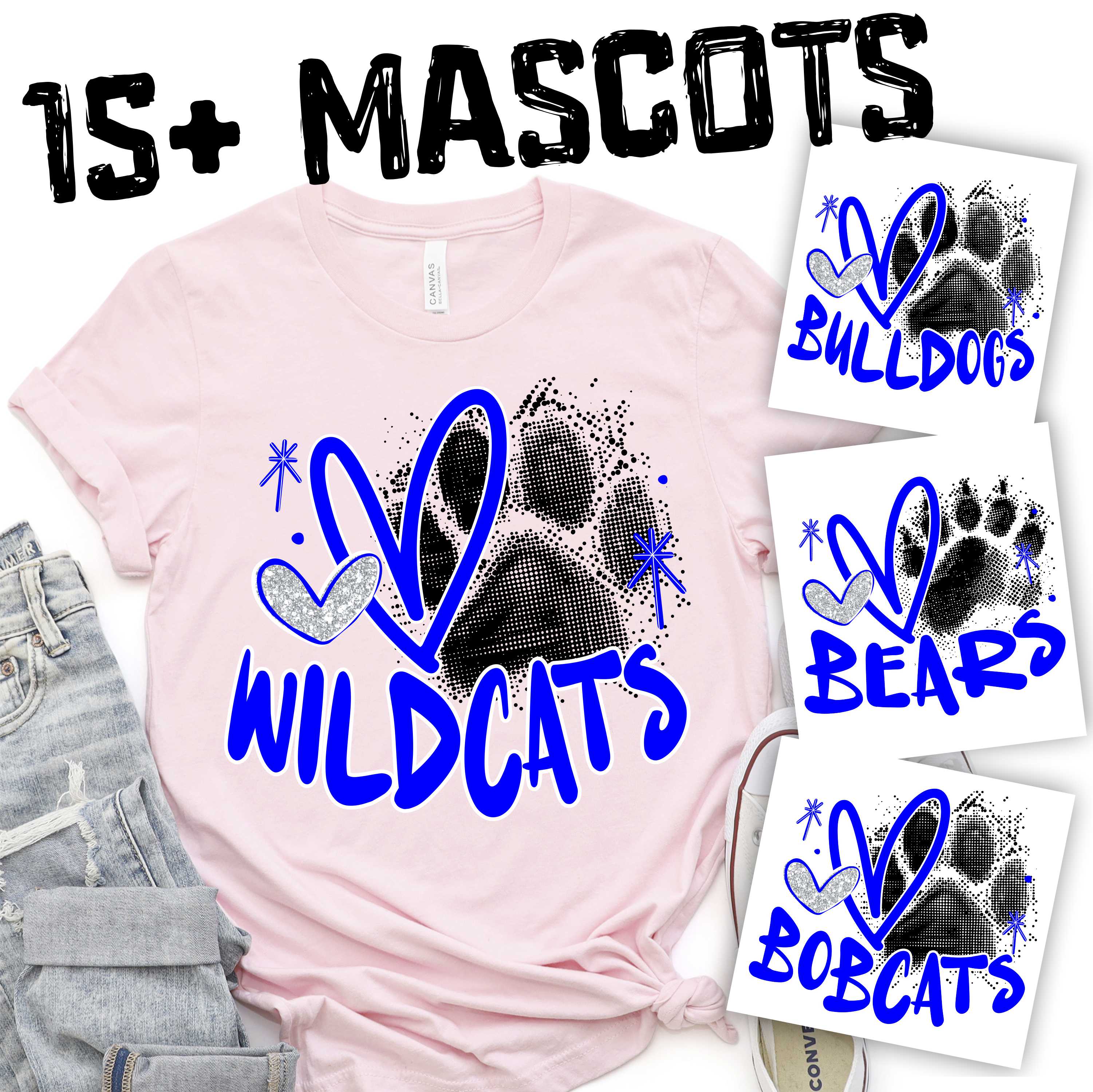 CUSTOM MASCOT Black dot pawprint Team color mascot word & heart *DTF* Transfer