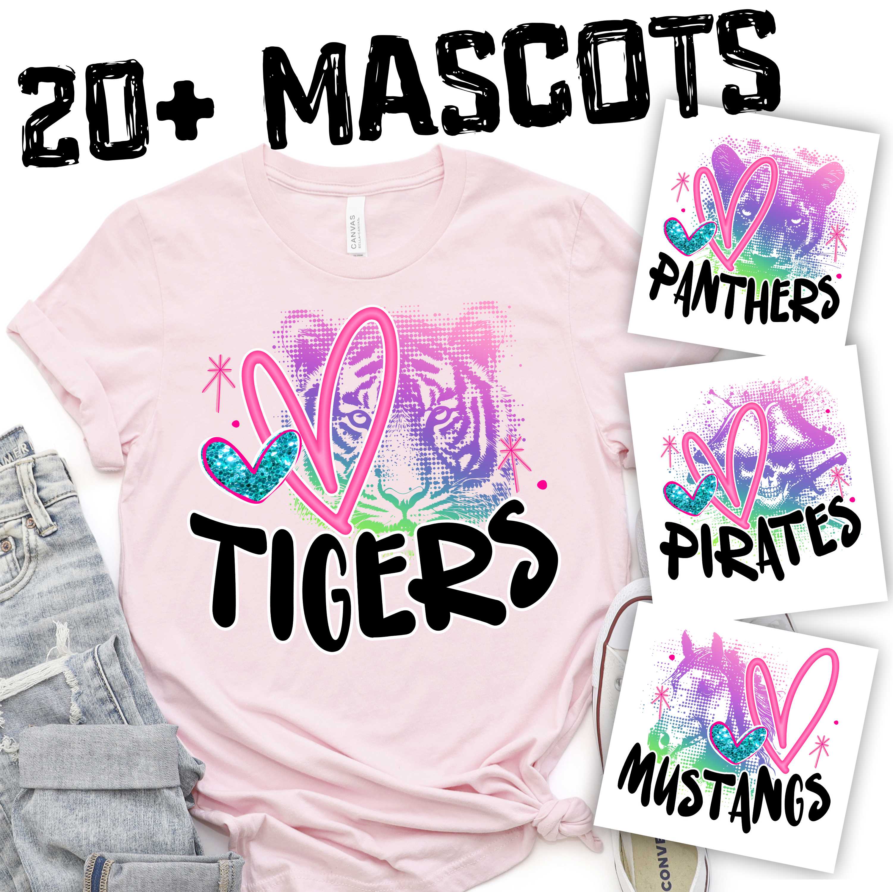 CUSTOM MASCOT Rainbow dot mascot with pink heart and black team name 2024 *DTF* Transfer