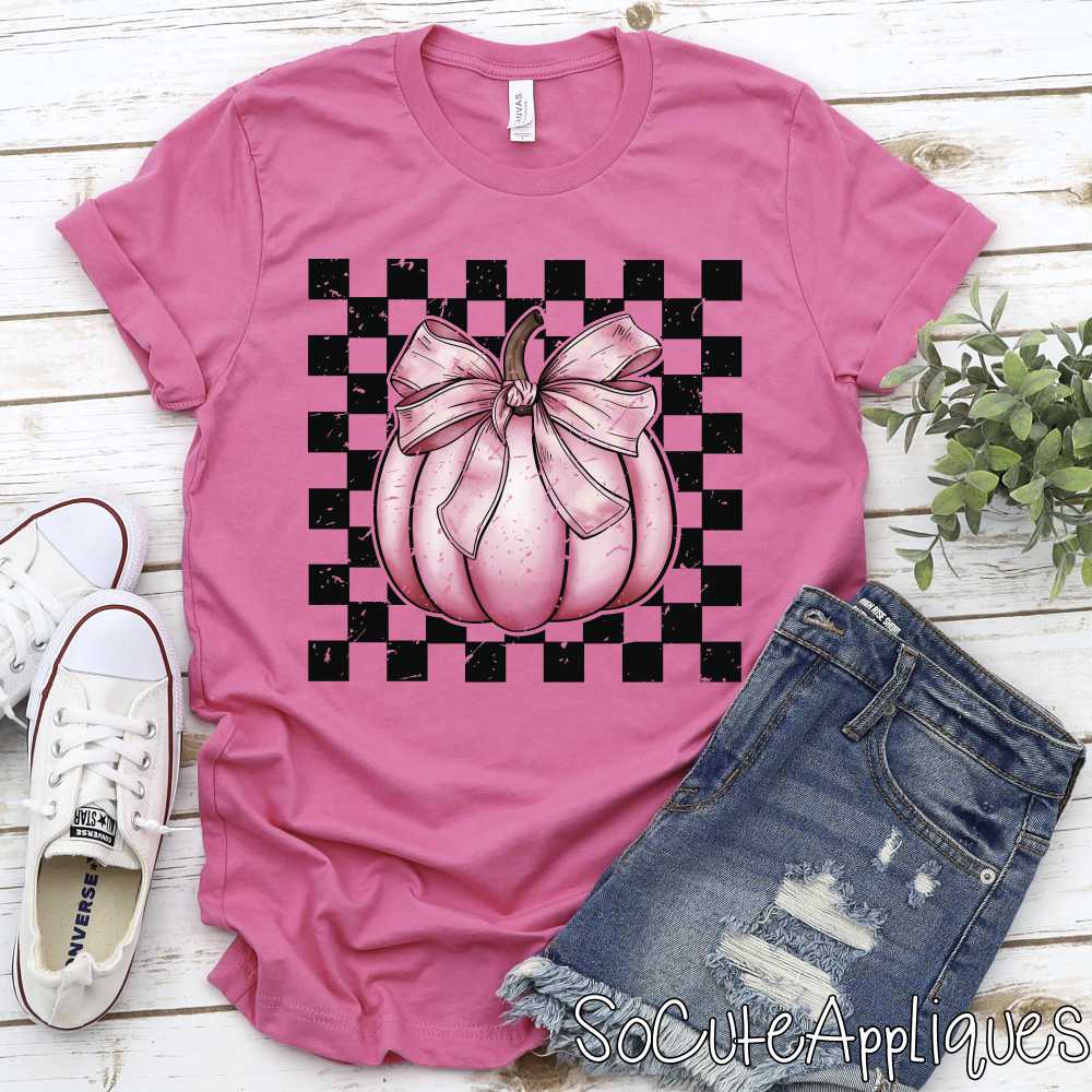 Pink pumpkin on black checks *DTF* Transfer