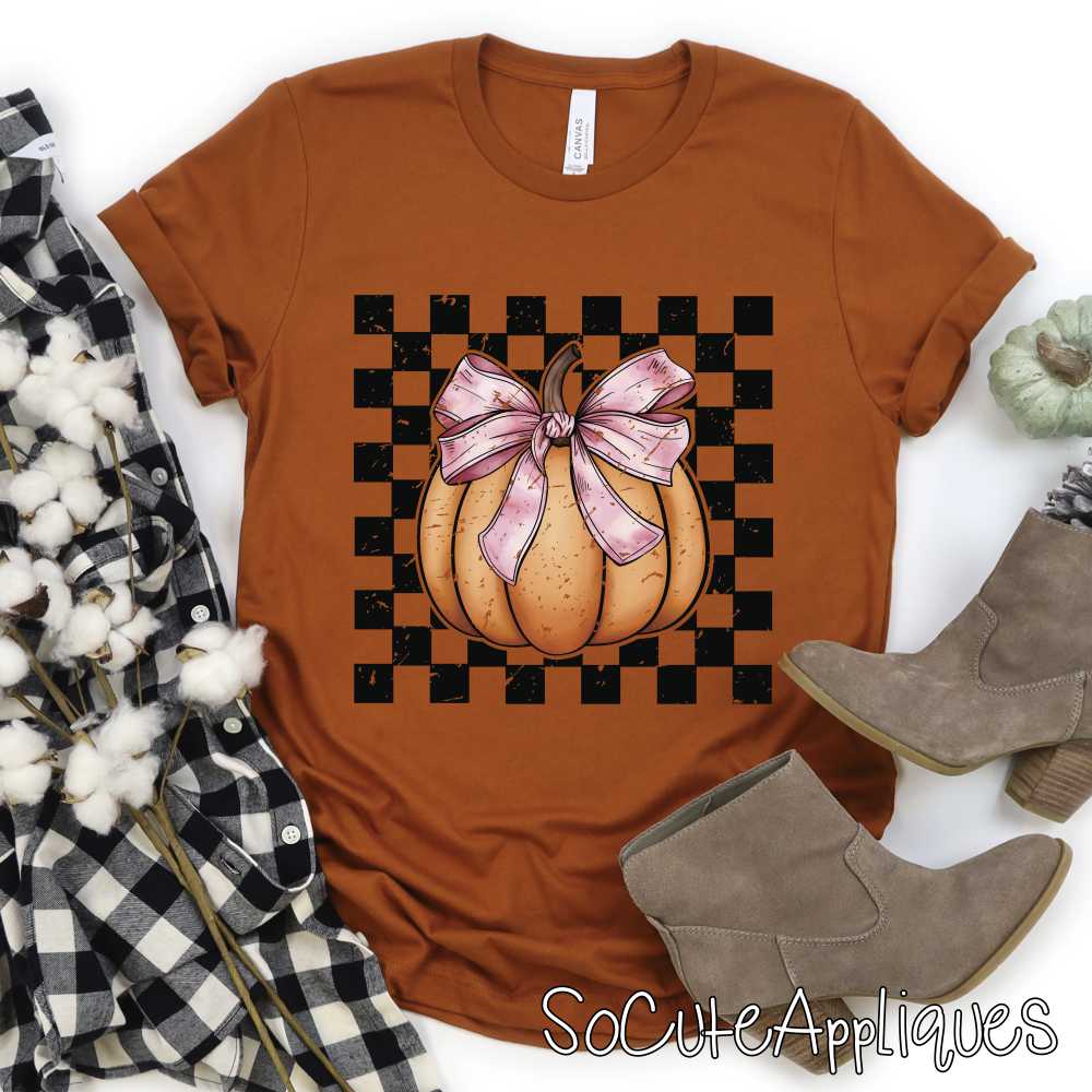 Orange pumpkin on black checks *DTF* Transfer
