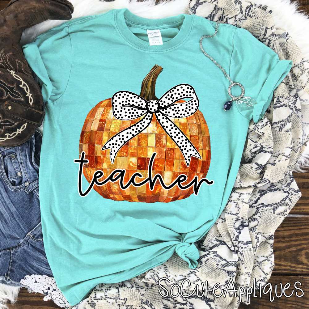 Teacher orange pumpkin with polka dot bow *DTF* Transfer