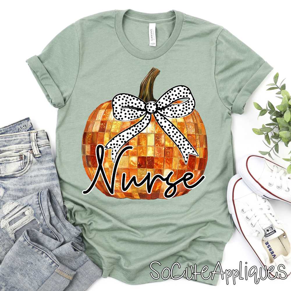 Nurse orange pumpkin with polka dot bow *DTF* Transfer