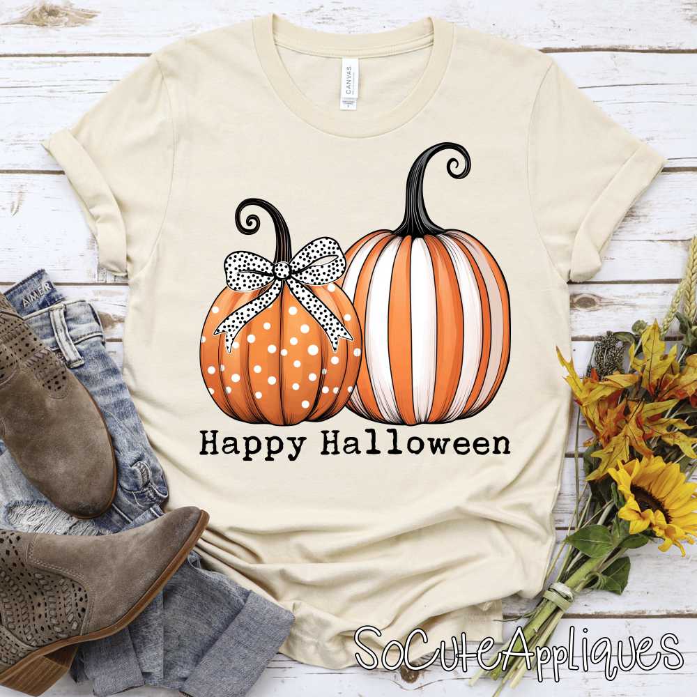 Happy Halloween double orange pumpkin with bow *DTF* Transfer