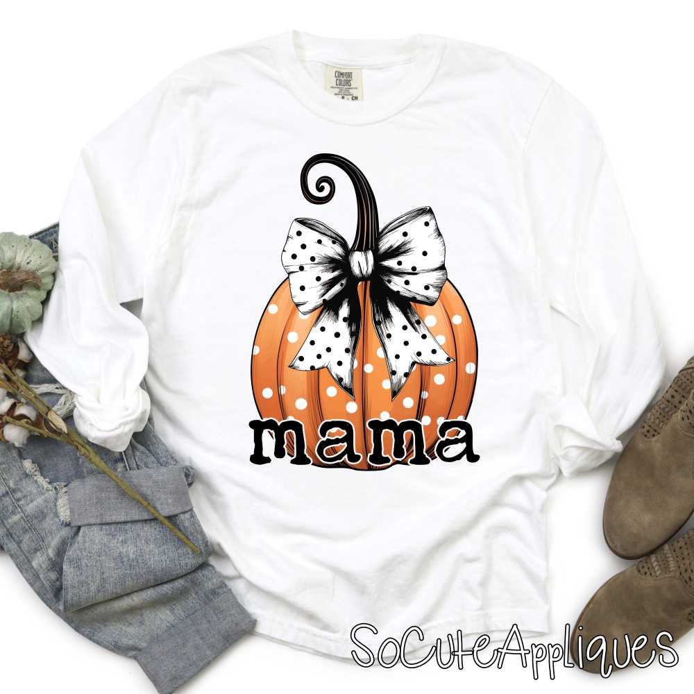 Mama orange polka dot pumpkin with bow *DTF* Transfer
