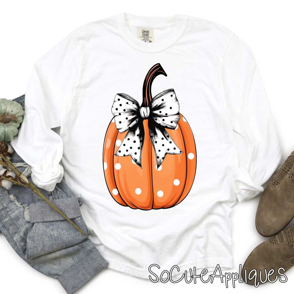 Polka dot pumpkin with bow *DTF* Transfer