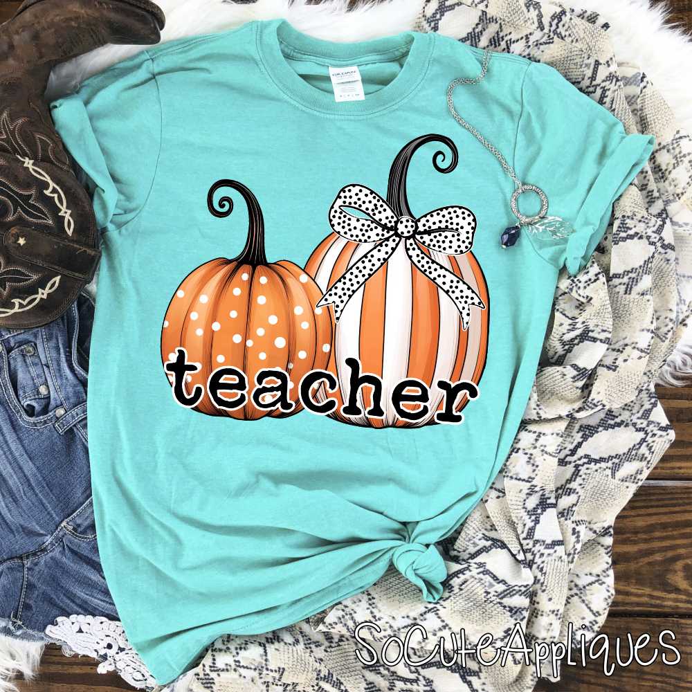 Teacher on double pumpkin with bow *DTF* Transfer
