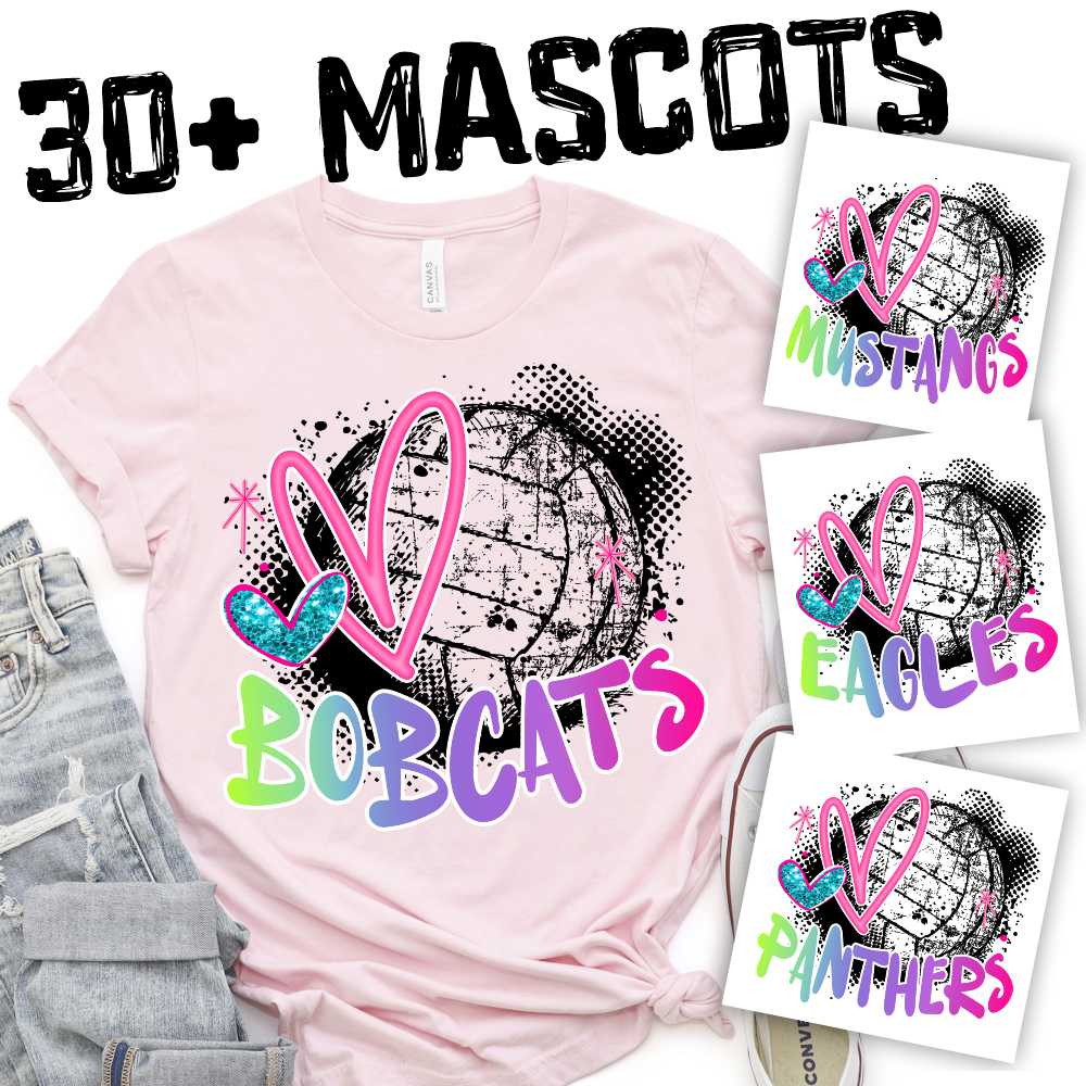 CUSTOM MASCOT Black VOLLEYBALL with pink heart and rainbow team name 2024 *DTF* Transfer