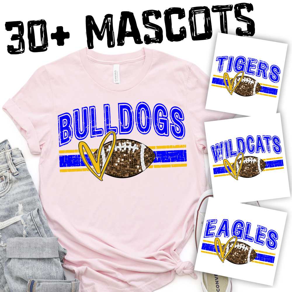 CUSTOM MASCOT Faux sequin football on team color stripes *DTF* Transfer