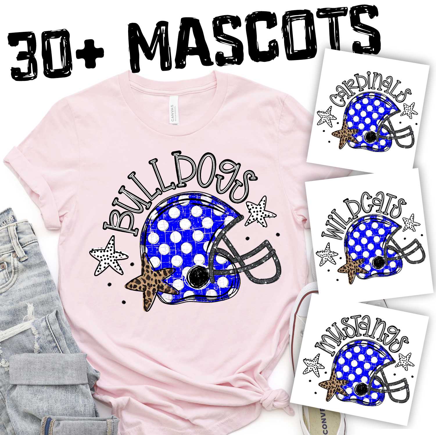 CUSTOM MASCOT Team color polka dot helmet with stars *DTF* Transfer