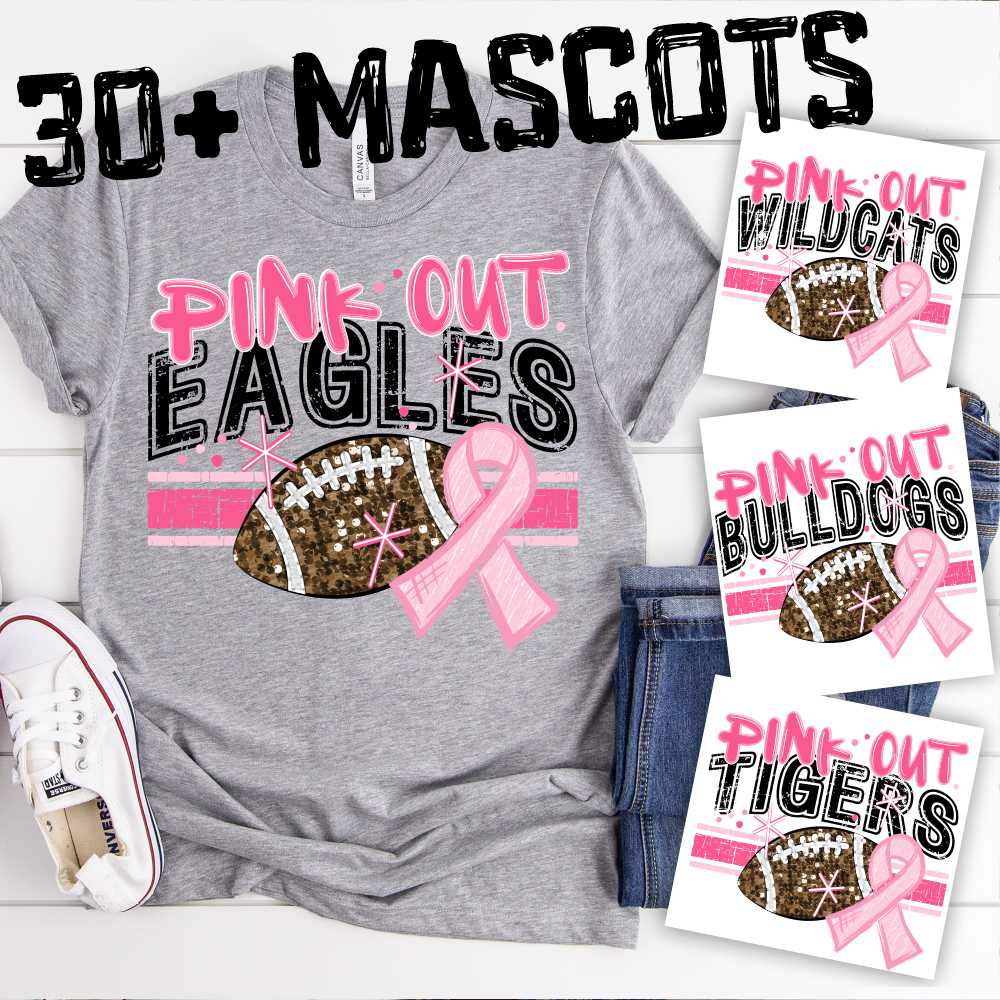 CUSTOM MASCOT Pink out faux sequin football on stripes *DTF* Transfer