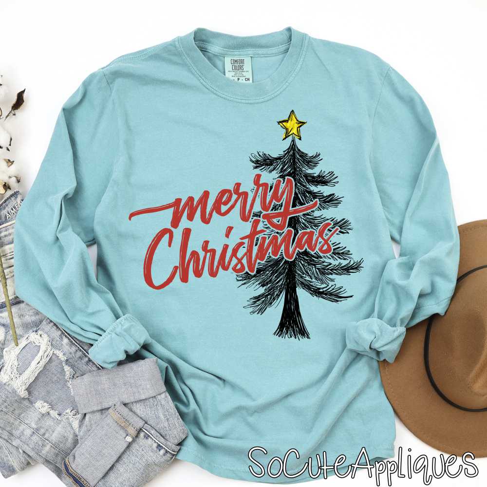 Merry Christmas scribble black tree *DTF* Transfer*
