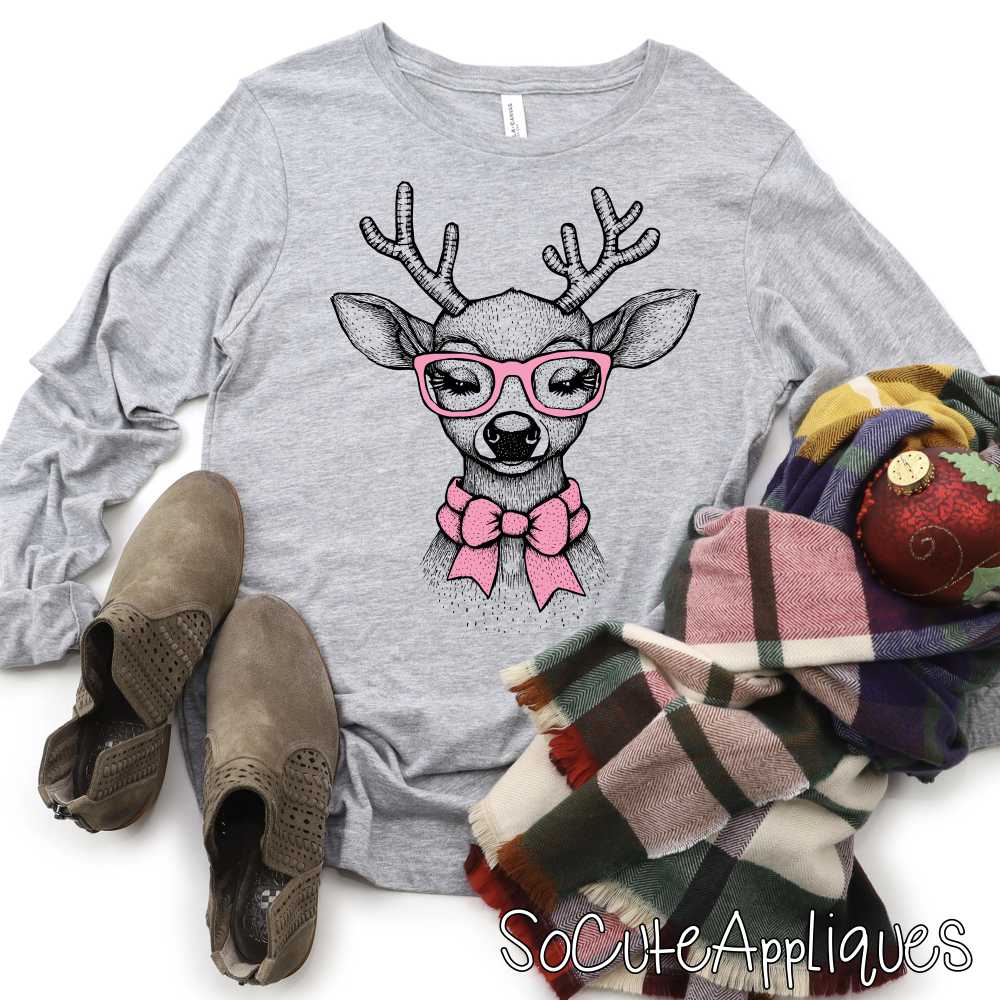 Deer pink glasses and neck bow *DTF* Transfer*