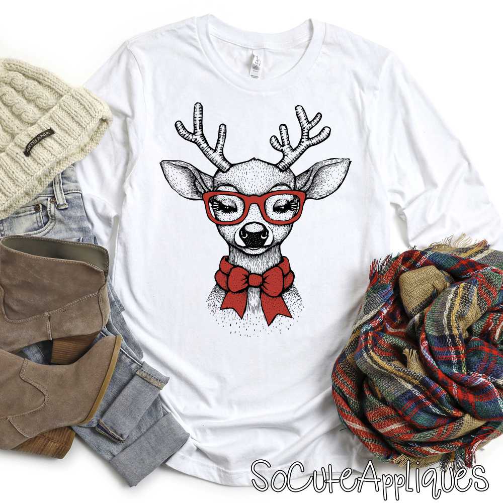 Deer red glasses and neck bow *DTF* Transfer*