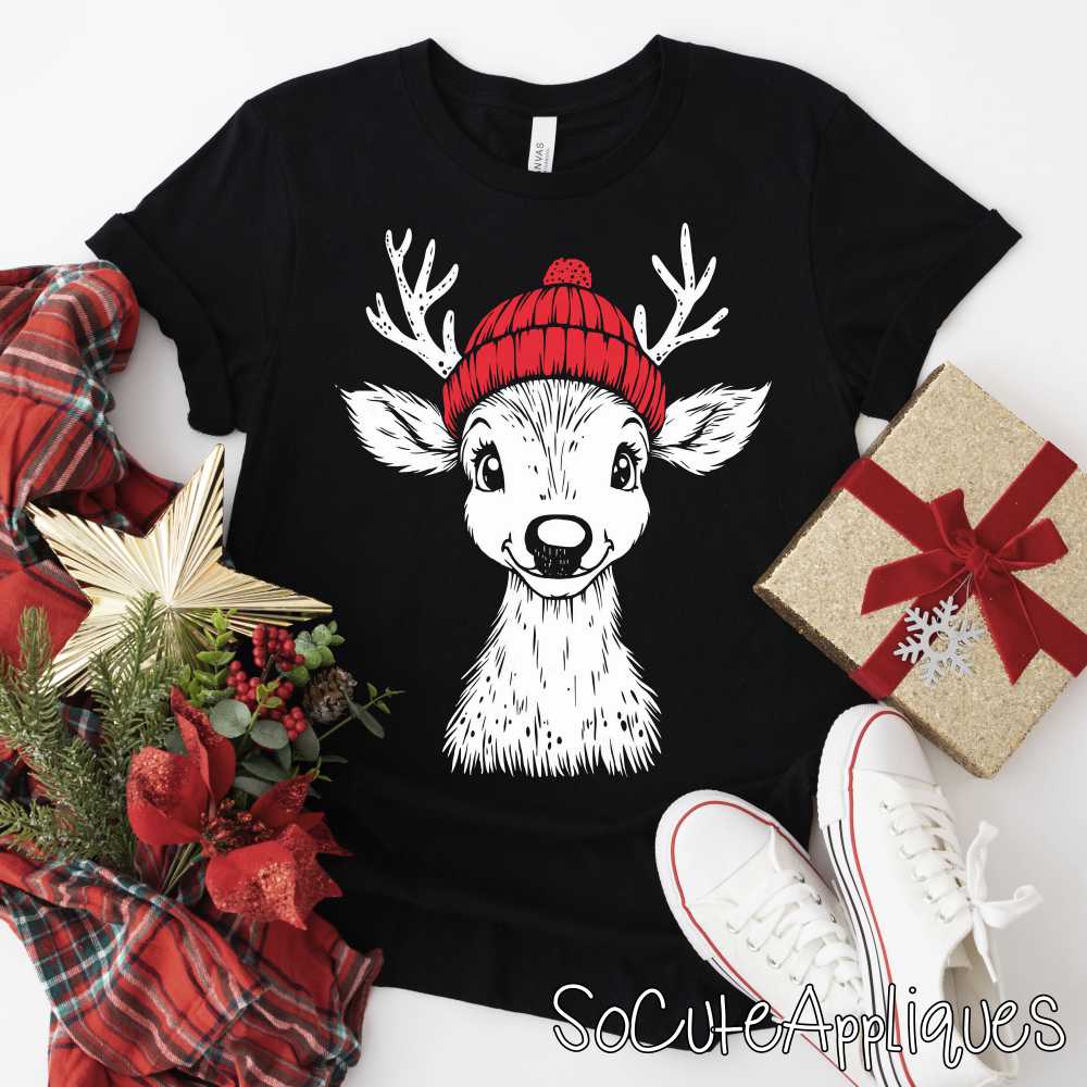 Reindeer with red beanie *DTF* Transfer*