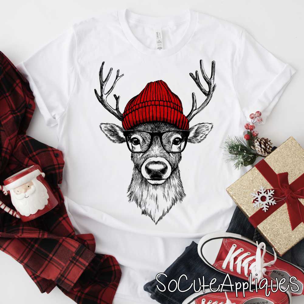 Reindeer with glasses and red beanie *DTF* Transfer*