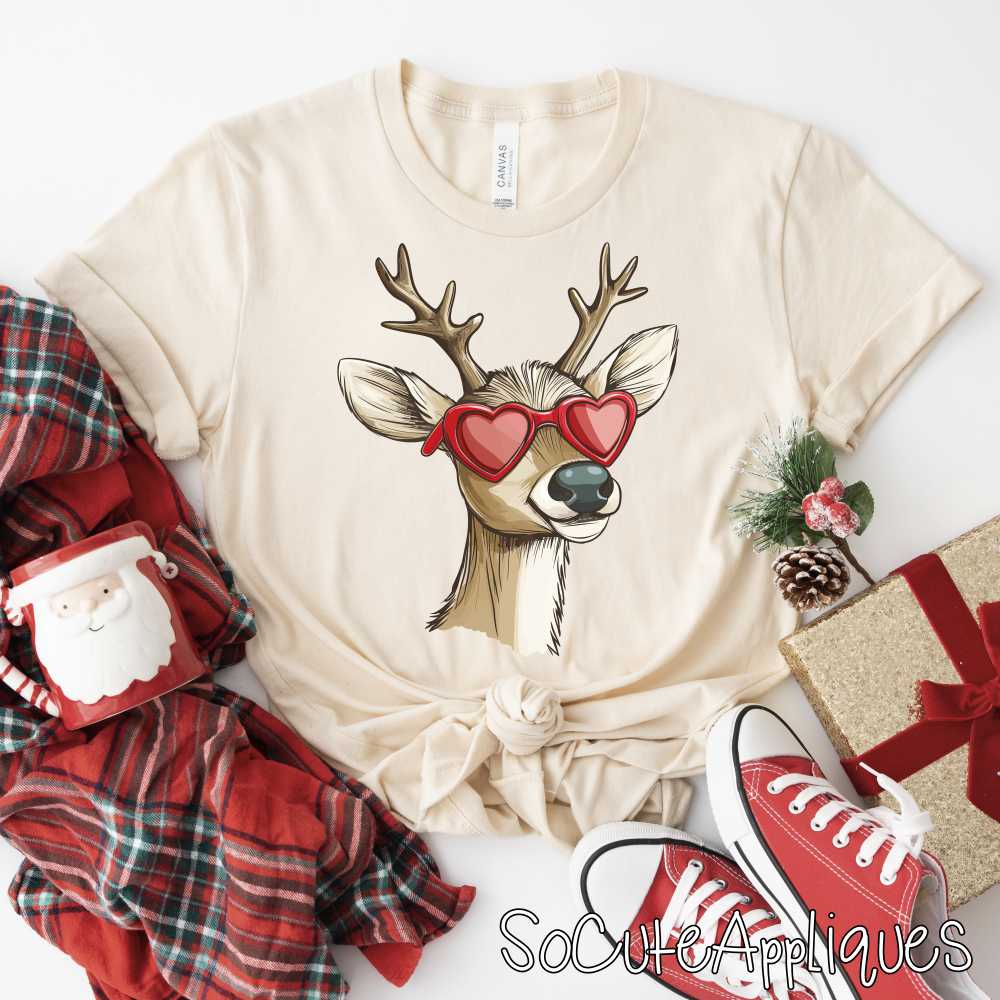 Reindeer with red heart glasses *DTF* Transfer*