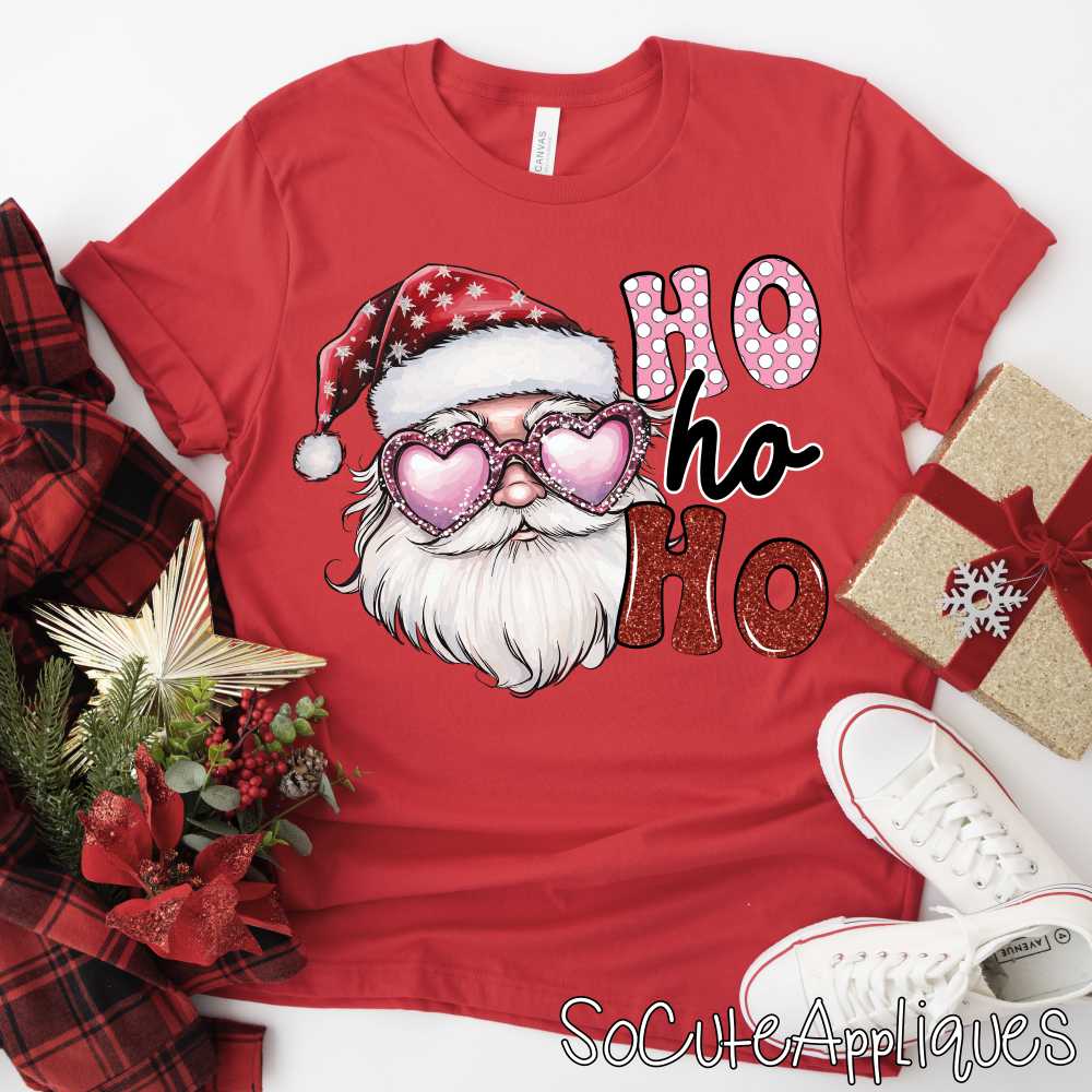 Santa with pink glitter glasses Ho ho ho *DTF* Transfer*