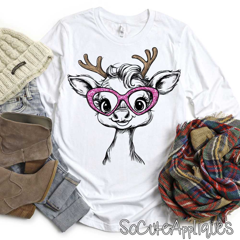 Reindeer pink glitter glasses *DTF* Transfer*