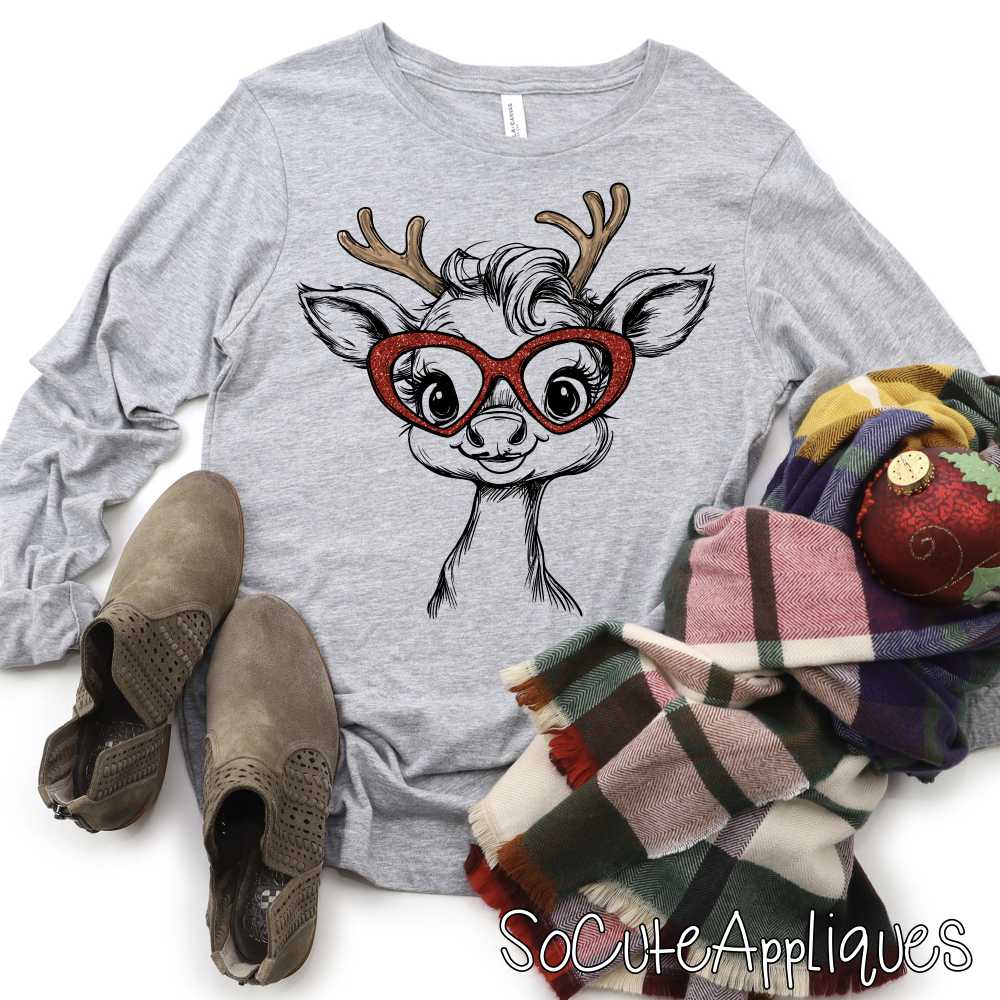Reindeer red glitter glasses *DTF* Transfer*