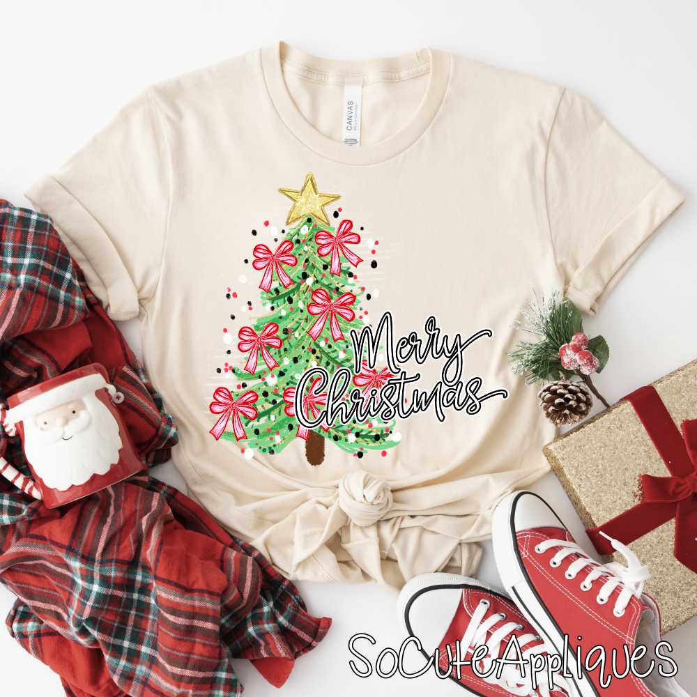 Merry Christmas on pink red bow tree *DTF* Transfer*