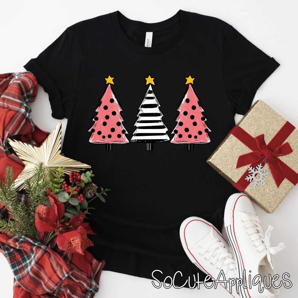 Christmas tree trio pink black and white *DTF* Transfer*