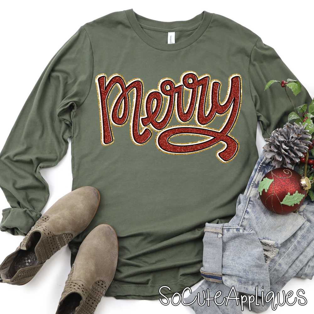 Merry Script red and gold glitter *DTF* Transfer