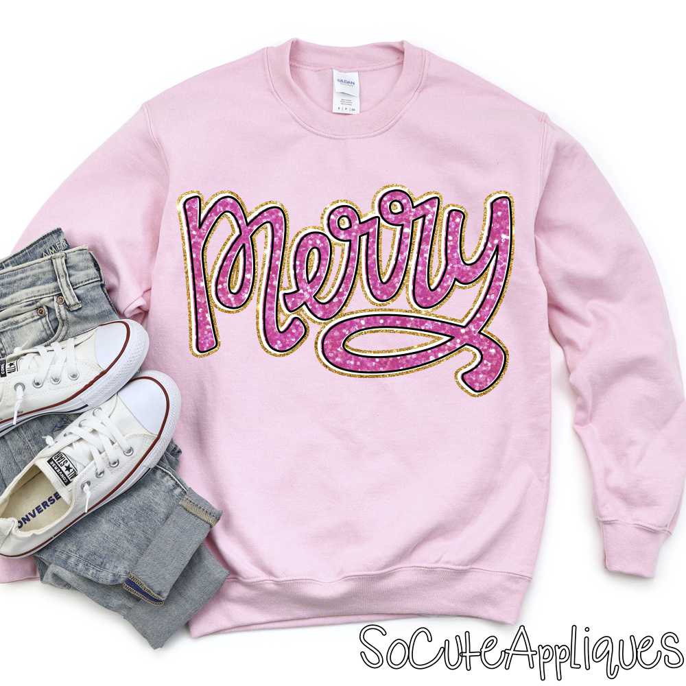 Merry Script pink and gold glitter *DTF* Transfer