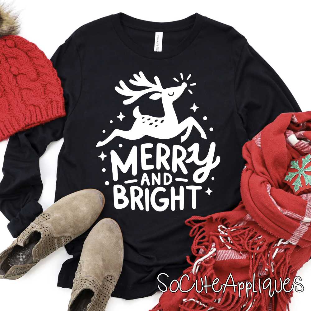 Merry and Bright reindeer white *DTF* Transfer