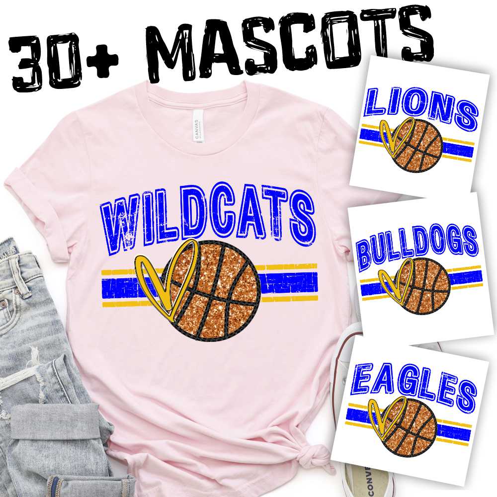 CUSTOM MASCOT Faux glitter basketball on team color stripes *DTF* Transfer