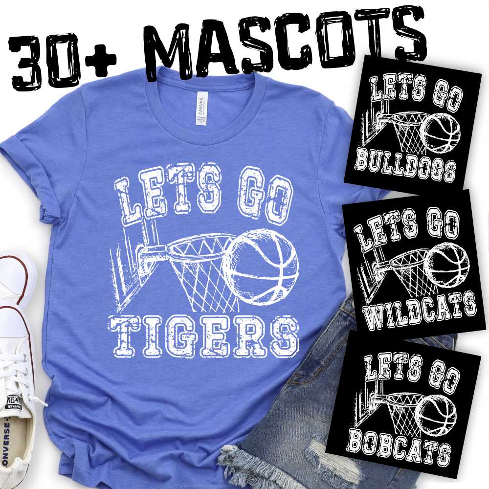 CUSTOM MASCOT Basketball and hoop LETS GO team WHITE *DTF* Transfer