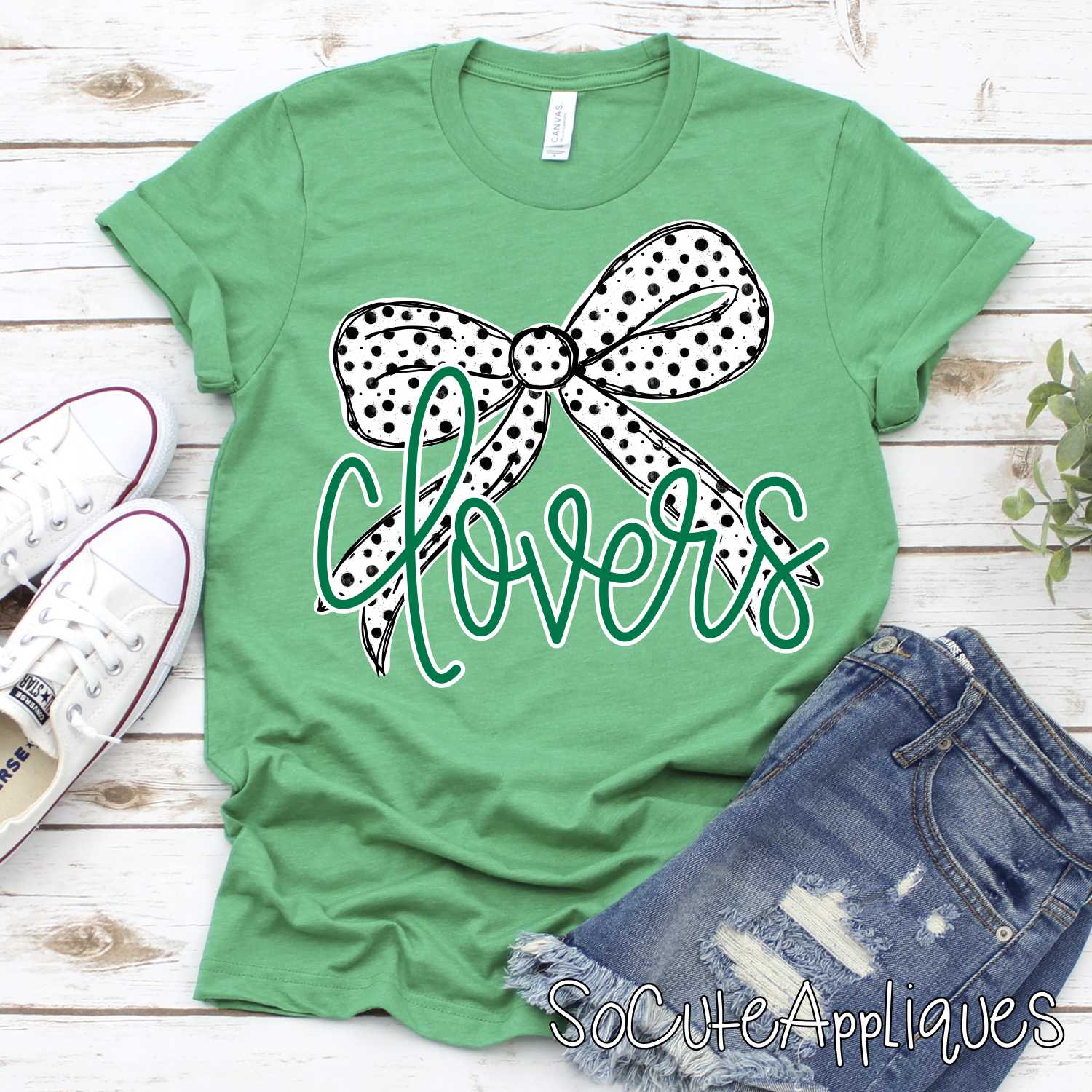 CLOVERS colored script Mascot on polka dot bow *DTF* Transfer Jenny Sutherlin
