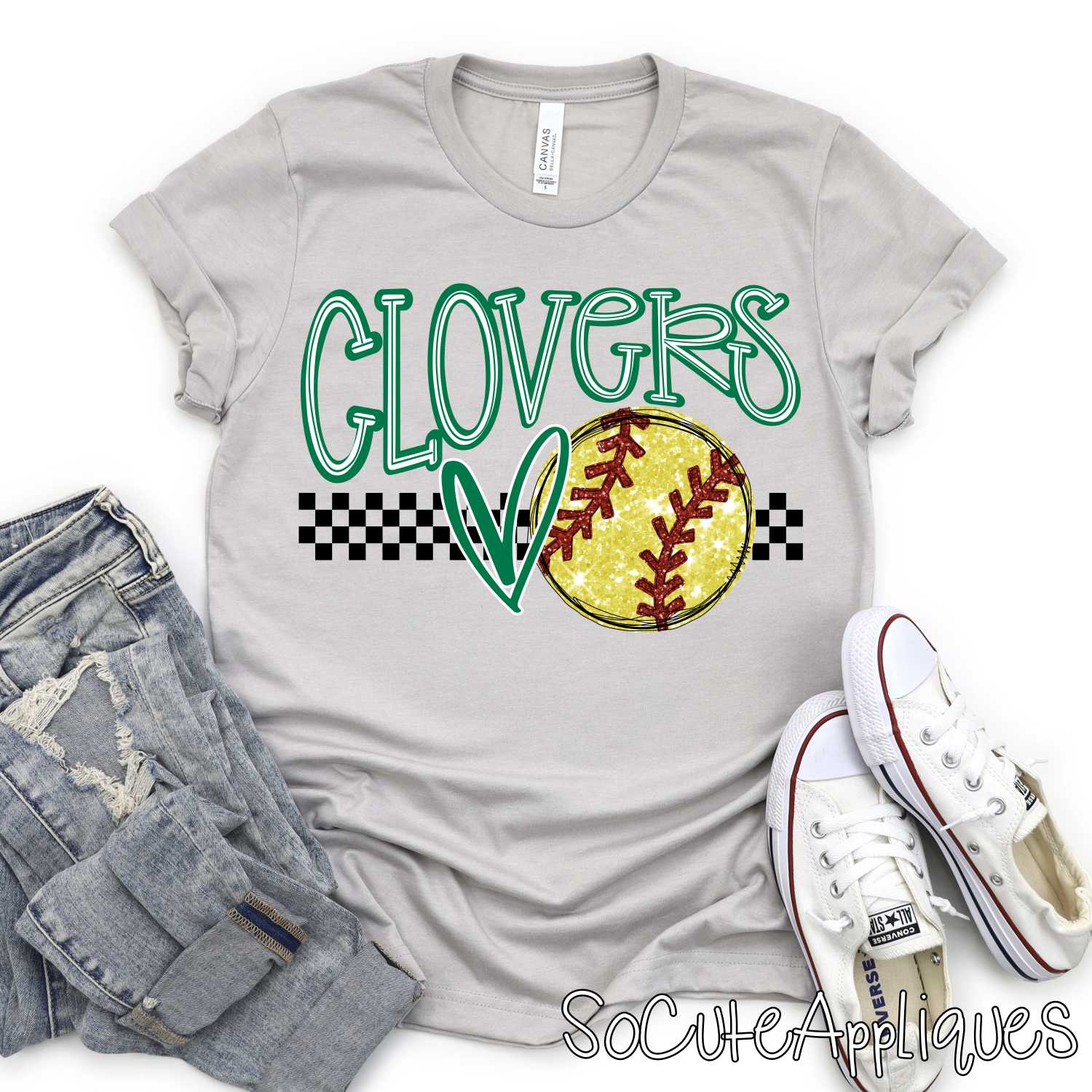 CLOVERS glitter softball on CHECKS heart *DTF* Transfer Jenny Sutherlin