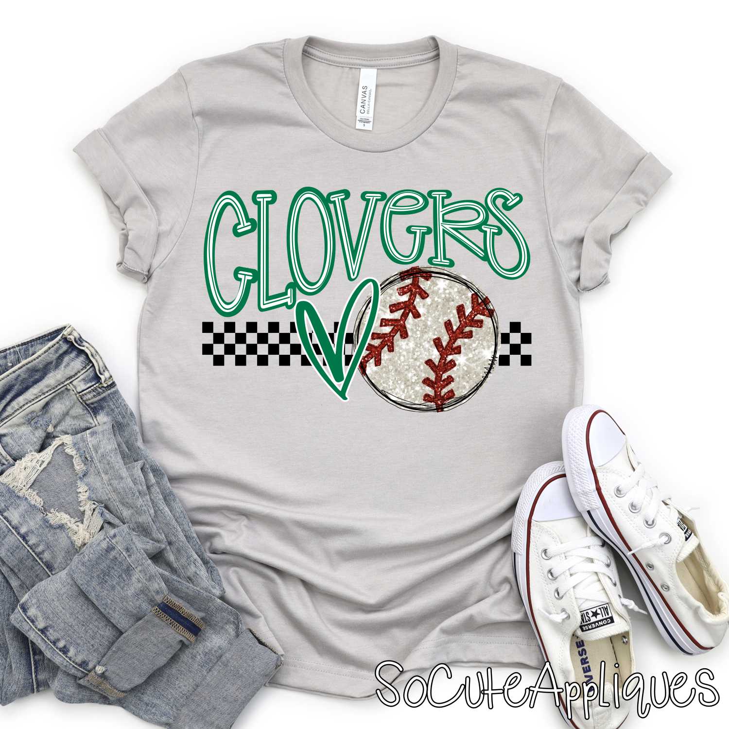 CLOVERS glitter baseball on CHECKS heart *DTF* Transfer Jenny Sutherlin