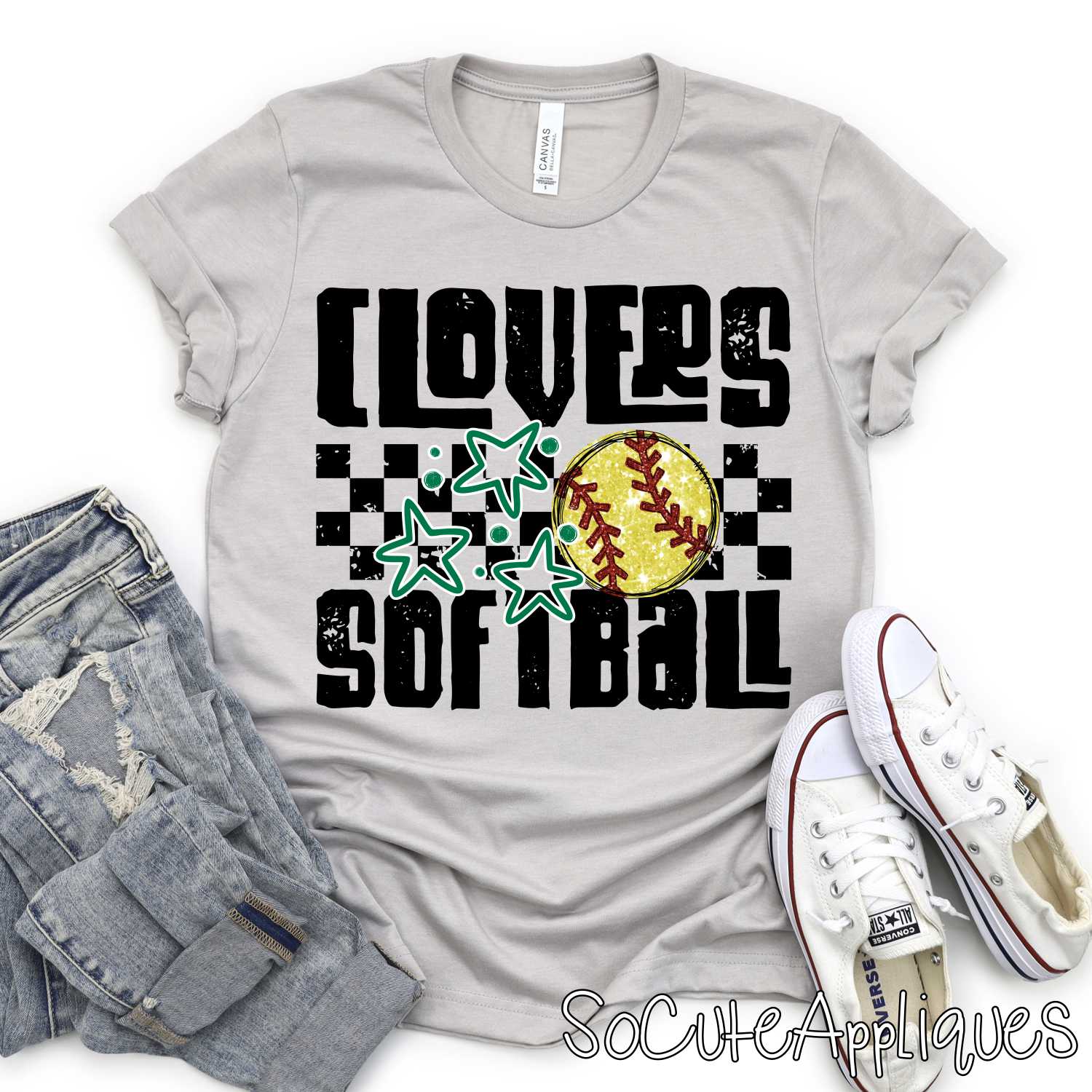 Funky CLOVERS softball on CHECKS heart *DTF* Transfer Jenny Sutherlin