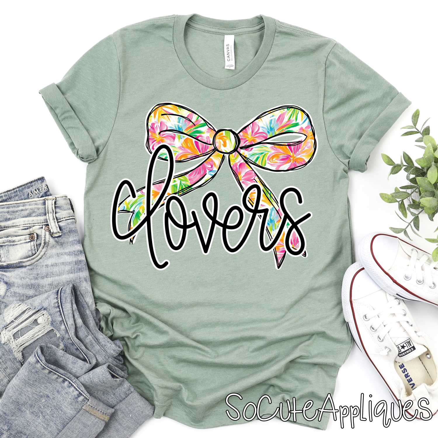 CLOVERS script Mascot on flower bow *DTF* Transfer Jenny Sutherlin