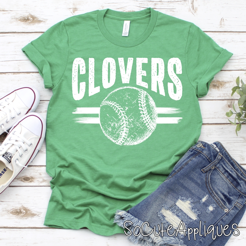 CLOVERS Ball on stripes Mascot Baseball or Softball *DTF* WHITE Transfer Jenny Sutherlin
