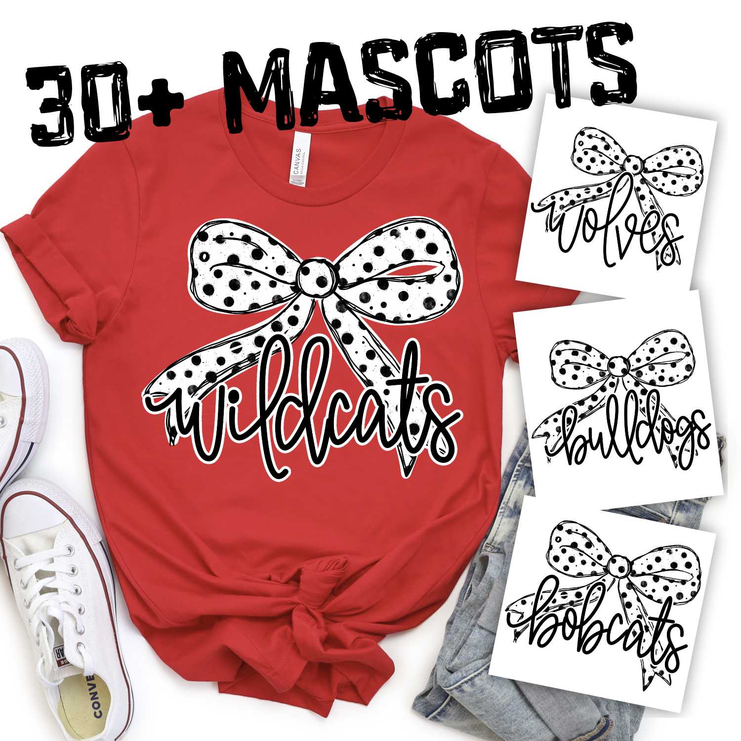 Script Mascot on black polka dot bow *DTF* Transfer