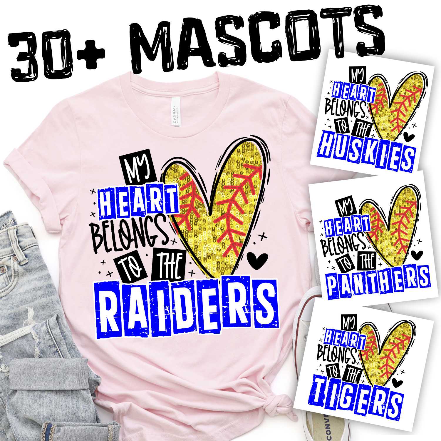My heart belongs to MASCOT Softball faux glitter *DTF* Transfer