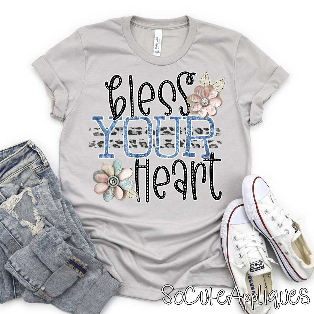 Bless your heart leopard stripe shabby flower *DTF* Transfer